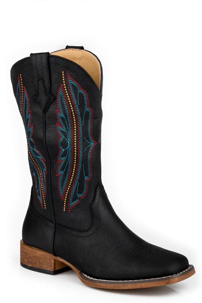 Roper Women's Loretta Western Boot. Black cowboy boot with colorful stitching on a white background