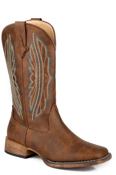 Roper Women's Loretta Western Boot. Brown cowboy boot with intricate stitching on a white background