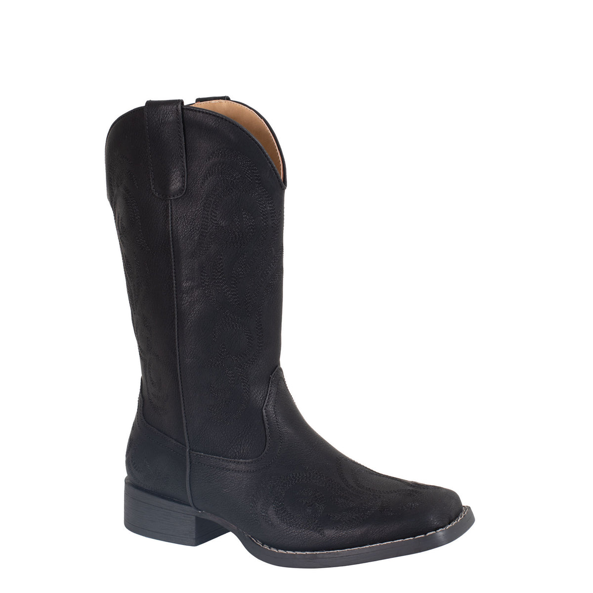 Black leather boot on a white background