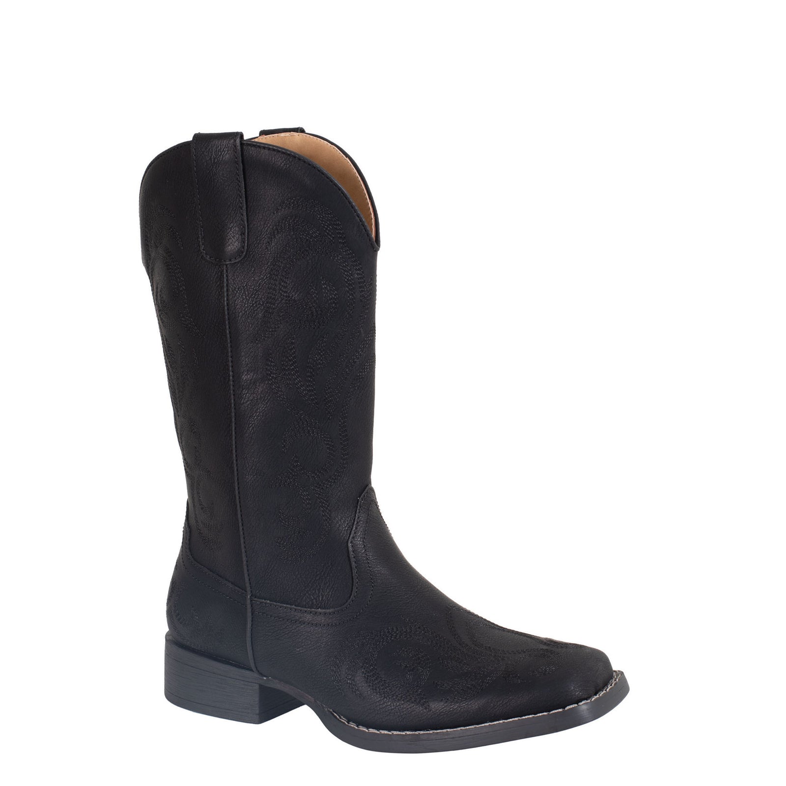 Black leather boot on a white background