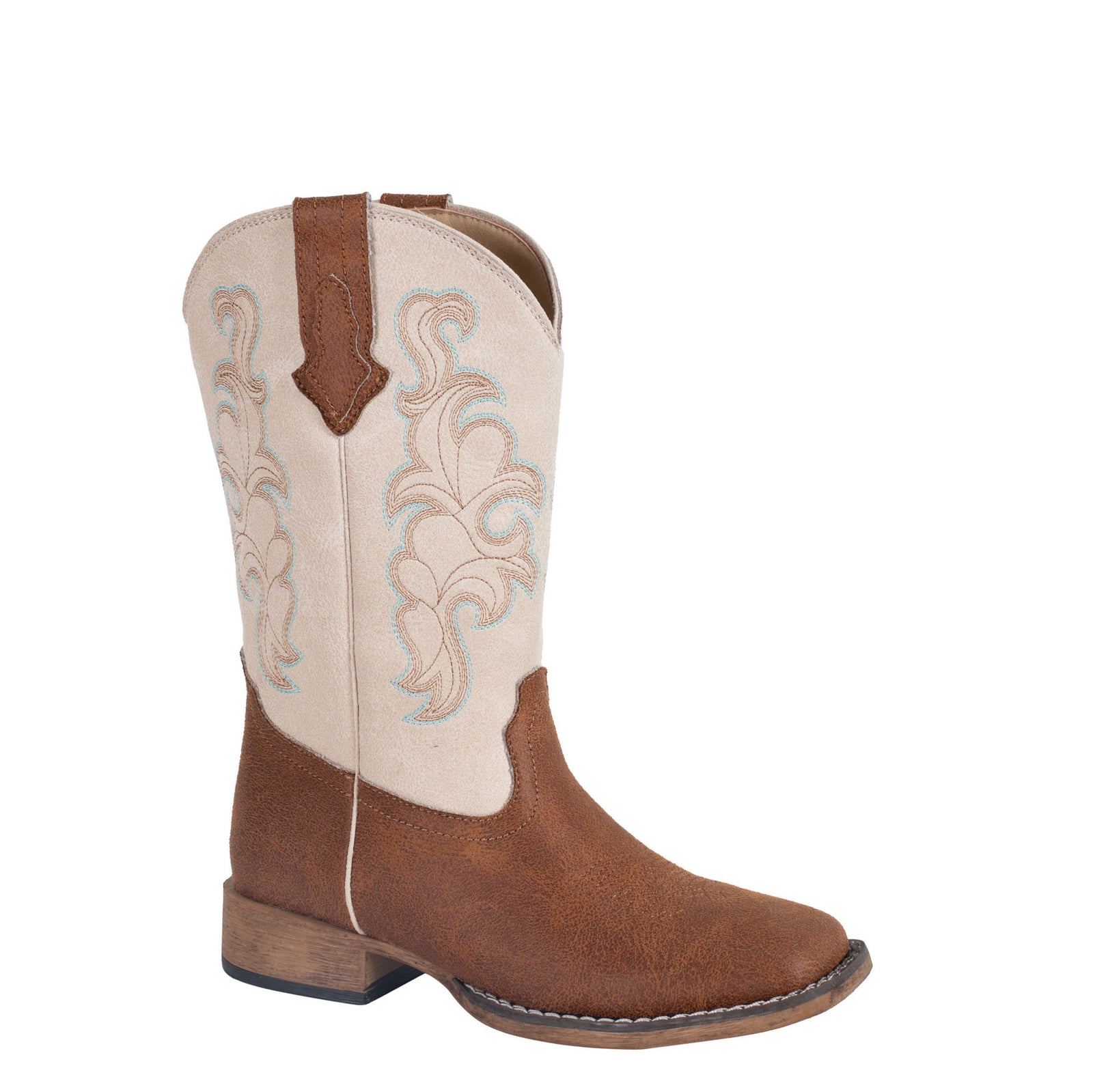 Brown and beige cowboy boot with intricate stitching on a white background