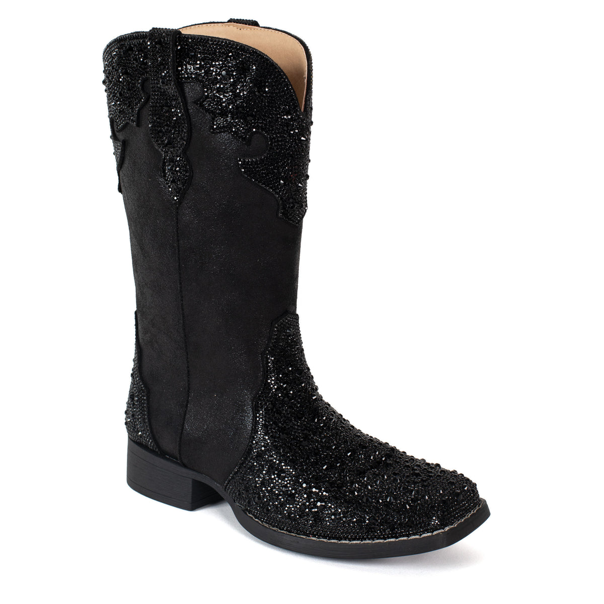 Black glittery cowboy boot on a white background