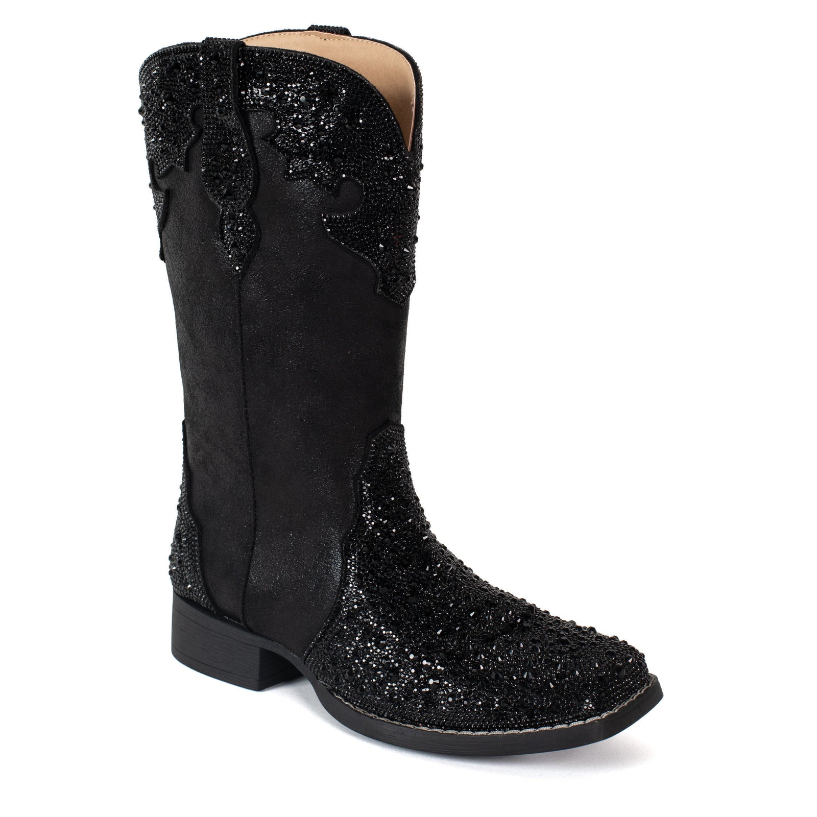 Black glittery cowboy boot on a white background