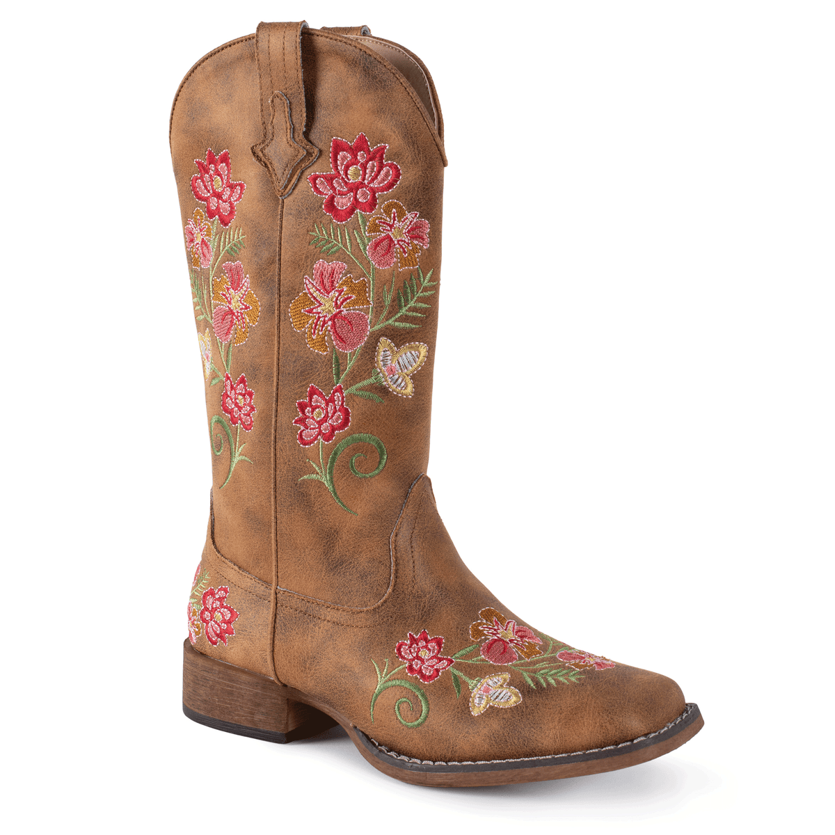 Brown cowboy boot with floral embroidery on a white background