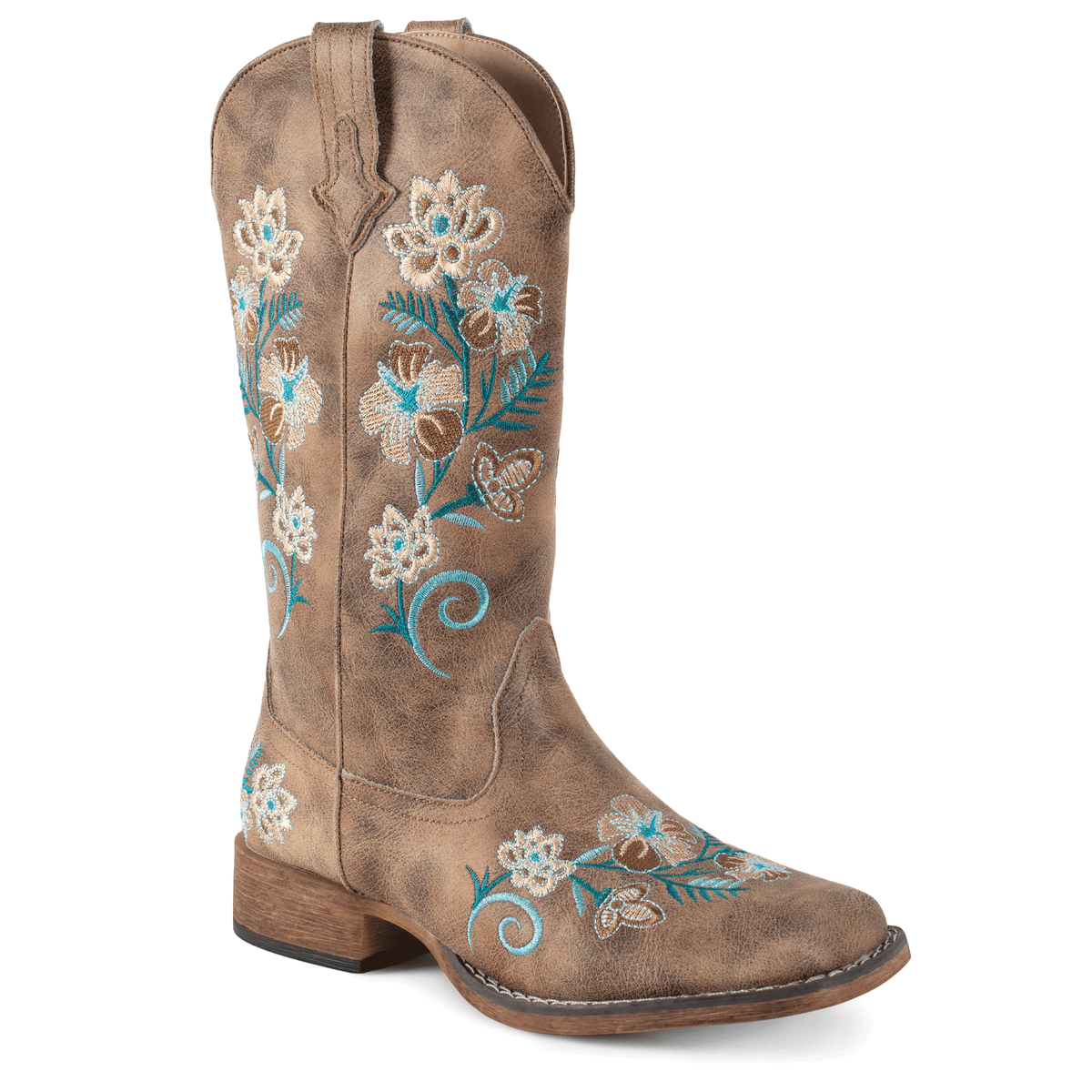 Brown cowboy boot with floral embroidery on a white background