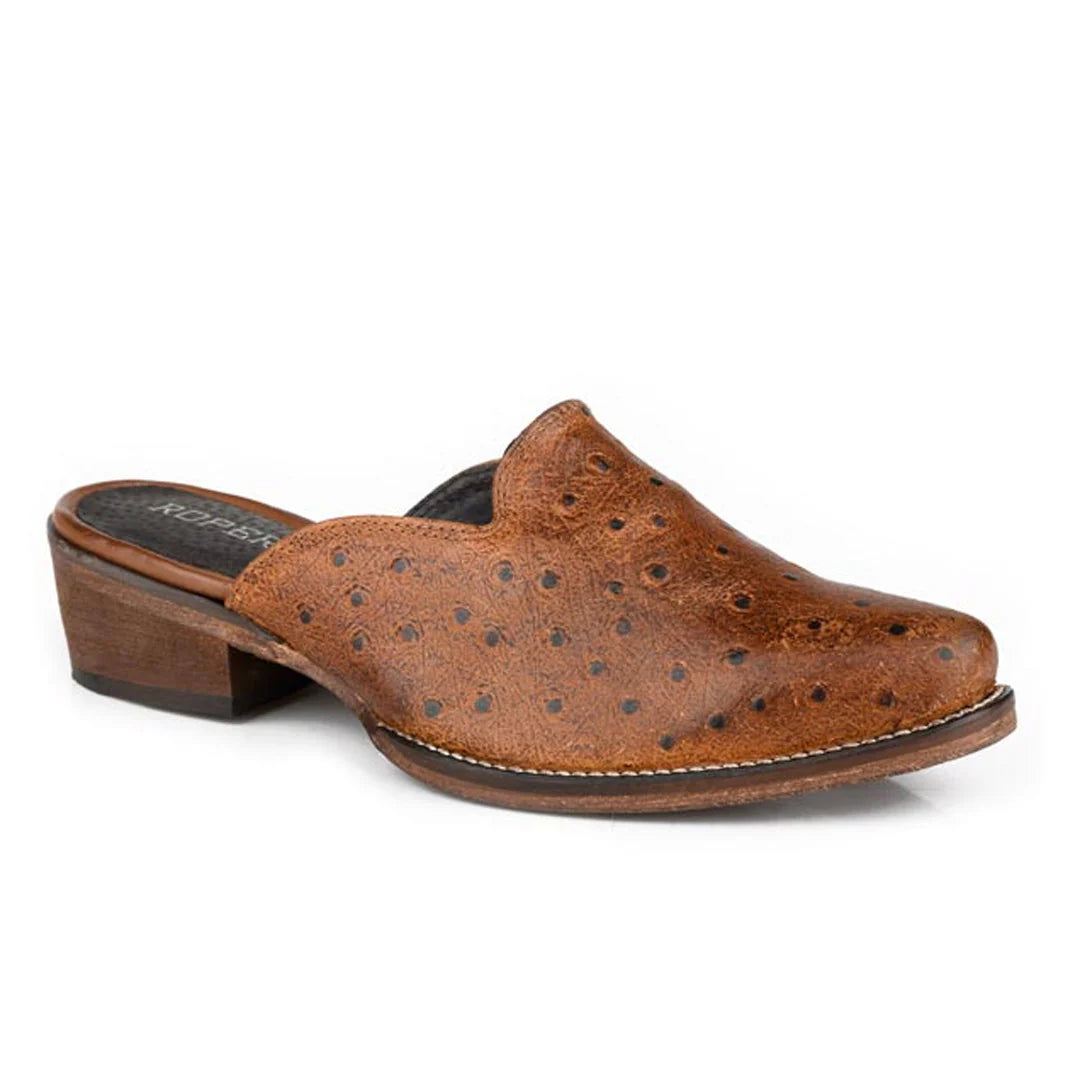Roper Women's Lynelle Western Slip On. Brown leather mule shoe on a white background