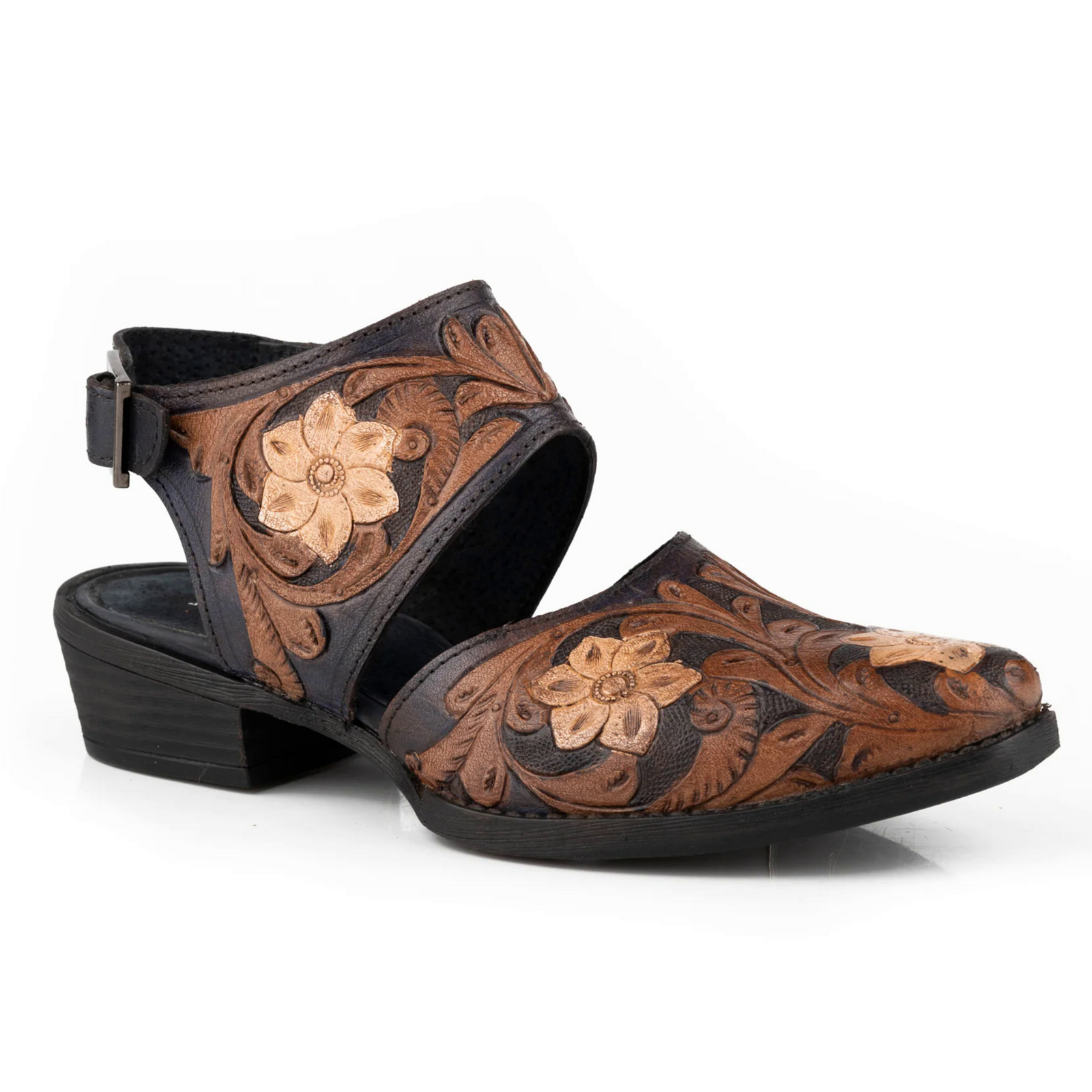 Roper Women's Diana Western Shoe. Pair of brown and black floral-patterned shoes on a white background