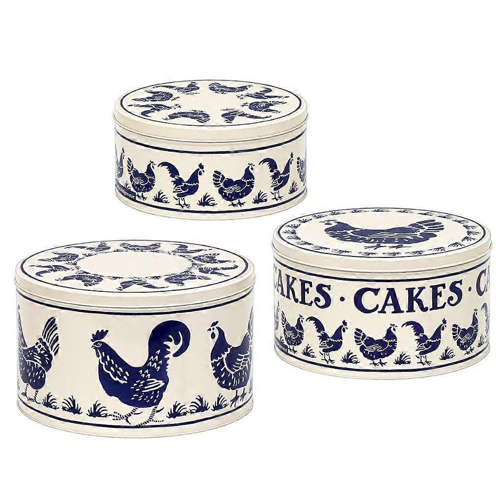 Stack of three ceramic cake tins with chicken design on a white background