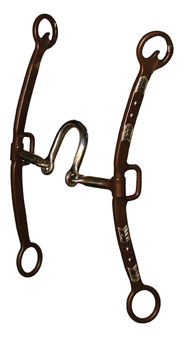Reinsman Charmayne James C11 Leverage Bit. A Reinsman Charmayne James C11 leverage bit with a medium port sweet iron pretzel mouth and stage E cheeks, designed for equestrian use.