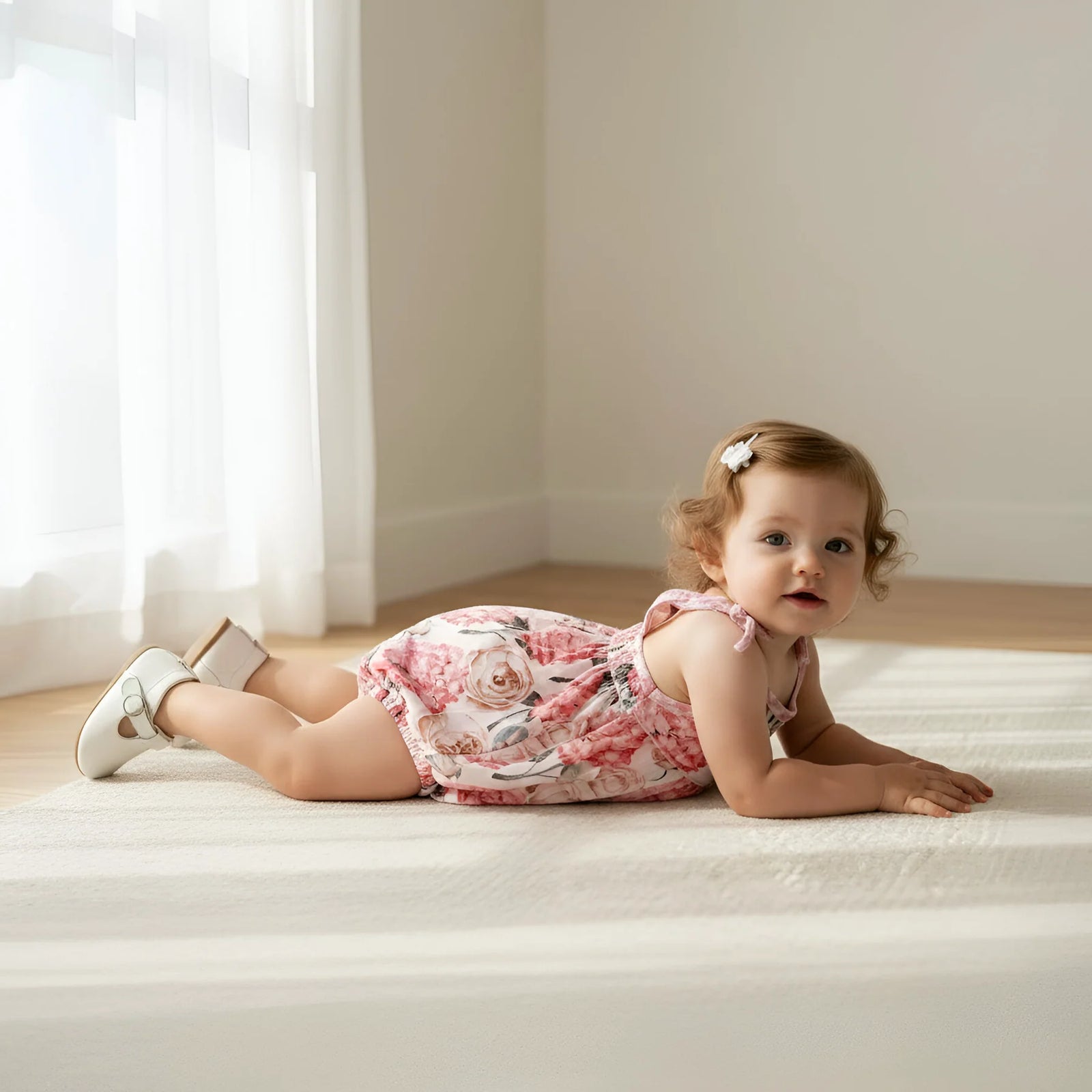 A toddler girl lies on her stomach on a white quilted mattress in a bright, minimalist room. She is wearing a pink and white floral print romper and white shoes.