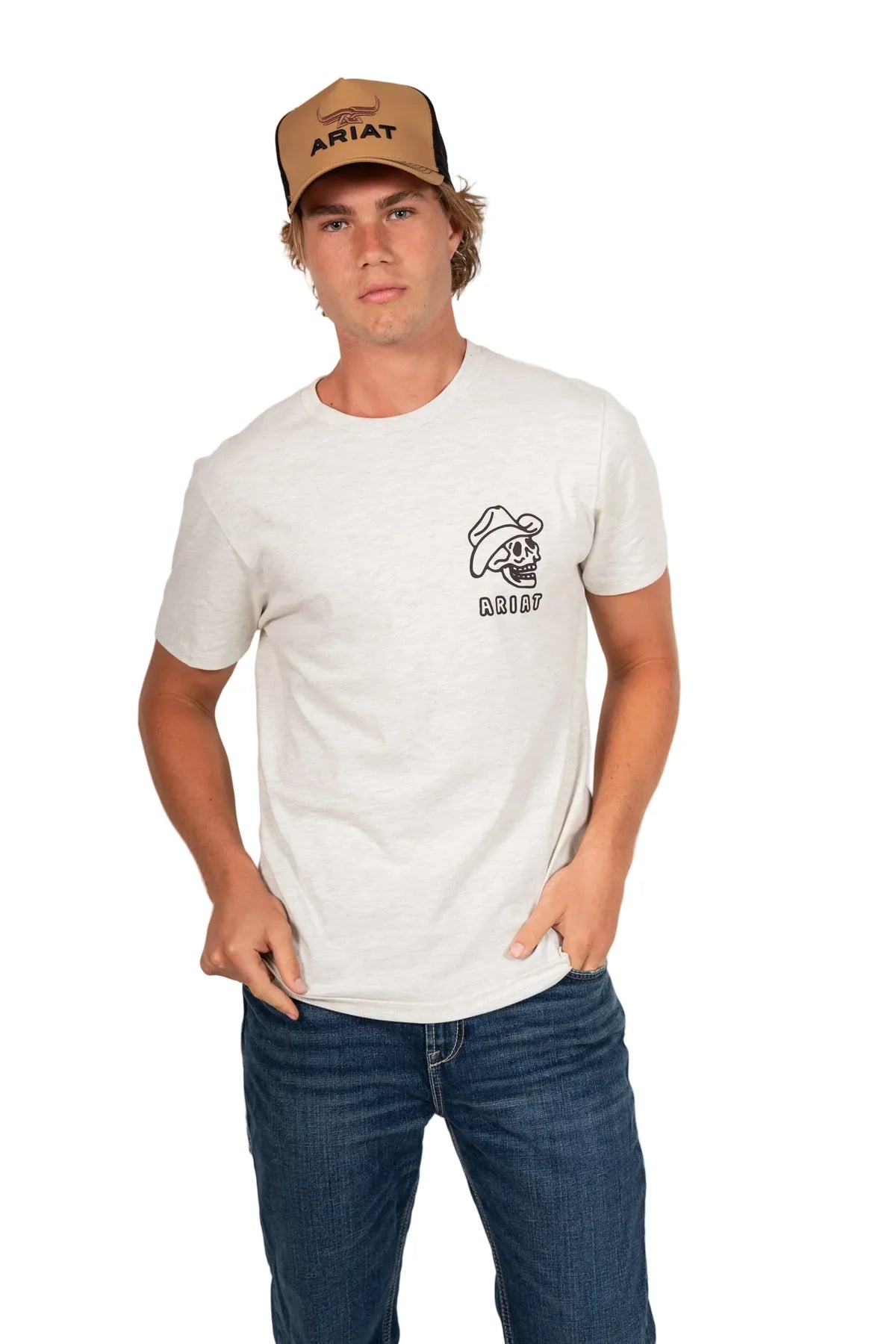 Ariat Bull Horn Trucker Cap. Man wearing a white t-shirt with a logo, blue jeans, and a brown cap on a white background