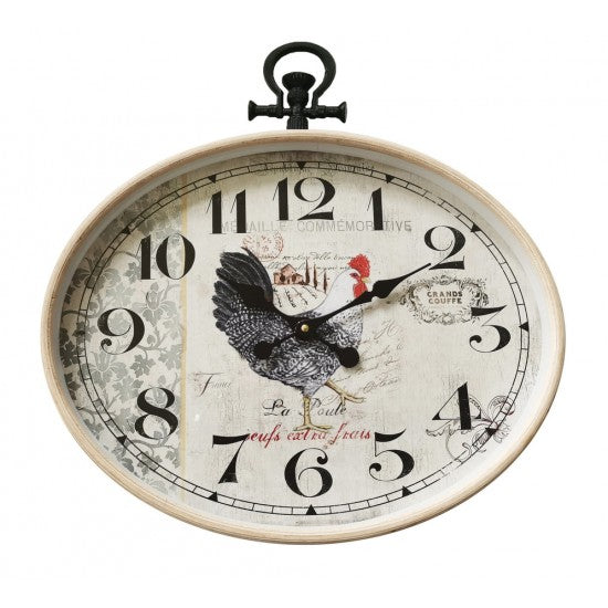 An oval wall clock with a rustic French design, featuring a black rooster illustration, black Arabic numerals, and a light beige frame on a white background.
