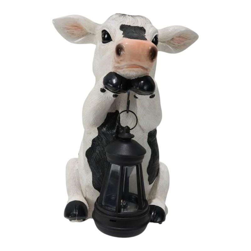 25cm Sitting Cow Holding Light Up Solar Lantern Malmar
