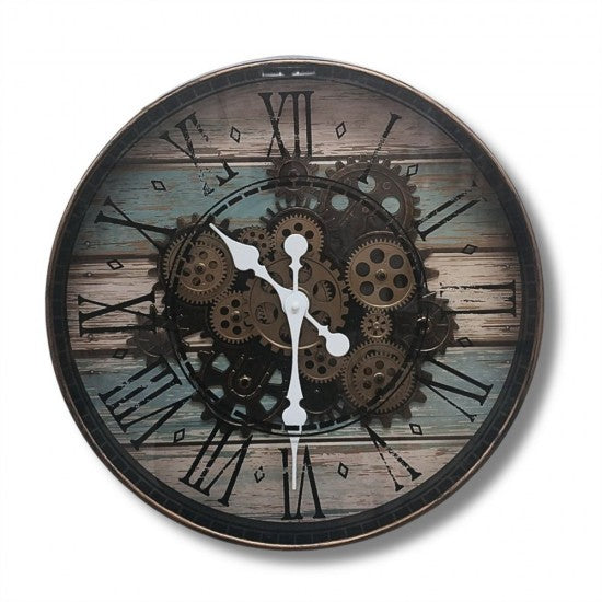 Decorative wall clock with gear design on a wooden background