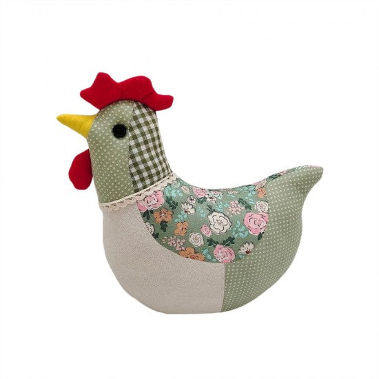 A handmade fabric chicken plush toy with a green floral patterned body, a beige polka-dot wing, a green-and-white gingham neck, a red felt comb, and a yellow felt beak, shown on a plain white background.