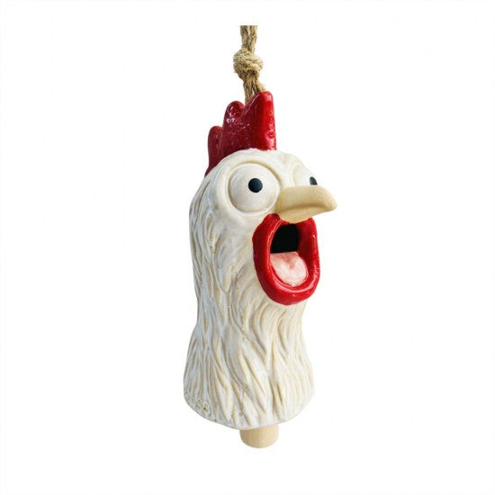 A novelty hanging chicken-shaped ornament or container with a textured off-white body, bright red comb and mouth area, a beige beak, and a hanging rope, shown on a plain white background.