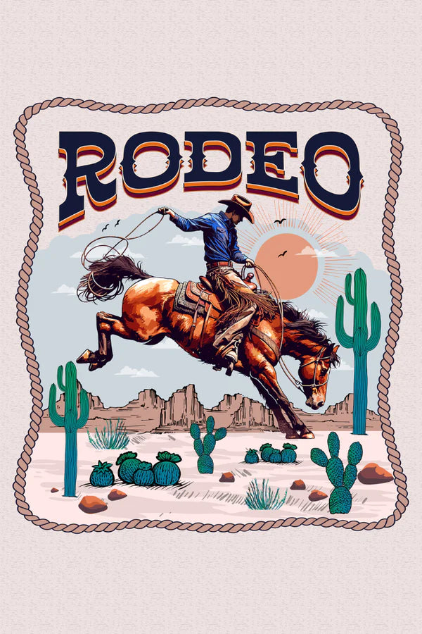 Illustration of a cowboy riding a bucking bronco with cacti and mountains in the background, framed by a rope border with 'RODEO' text.