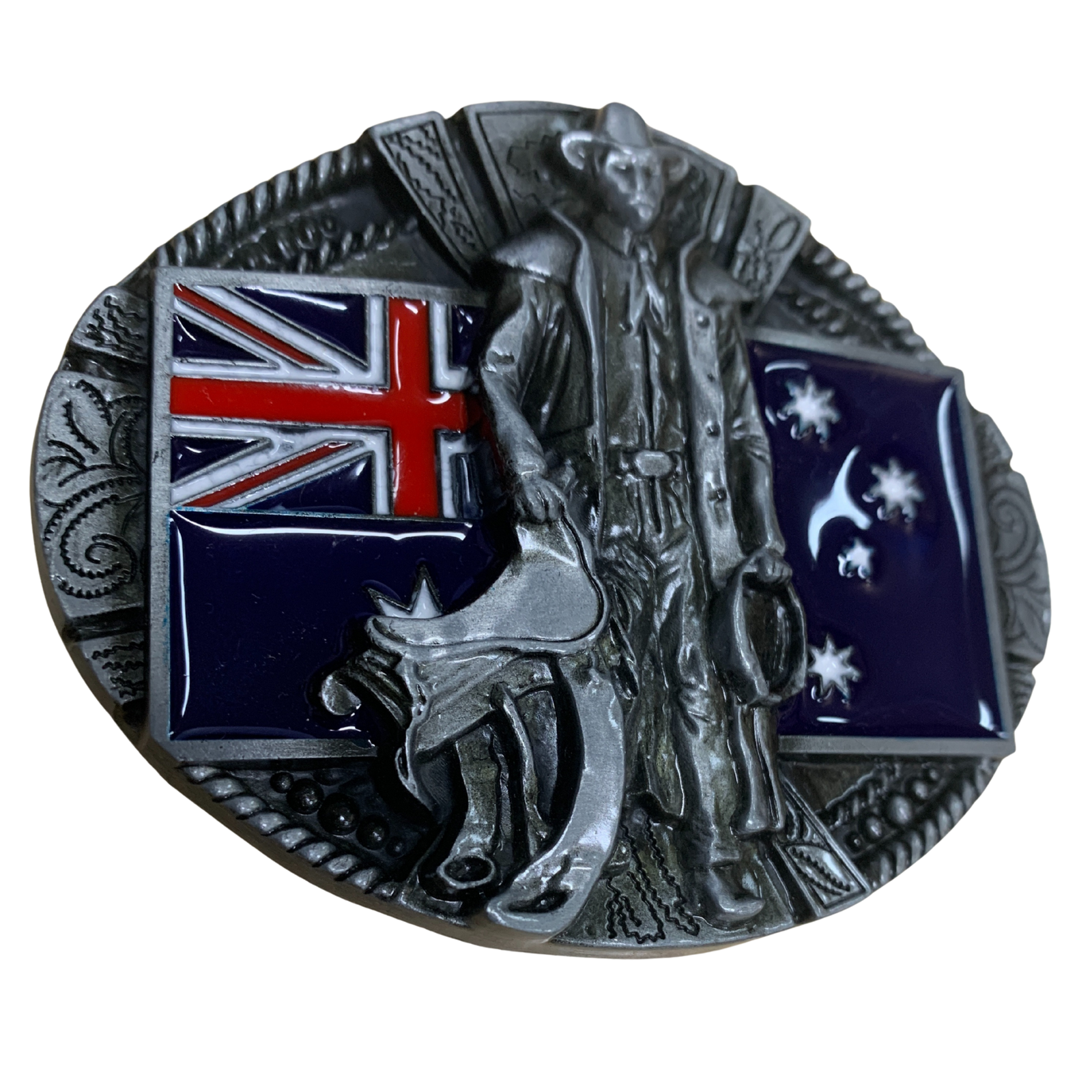 Tulmur belt buckle with a cowboy figure, Australian flag.