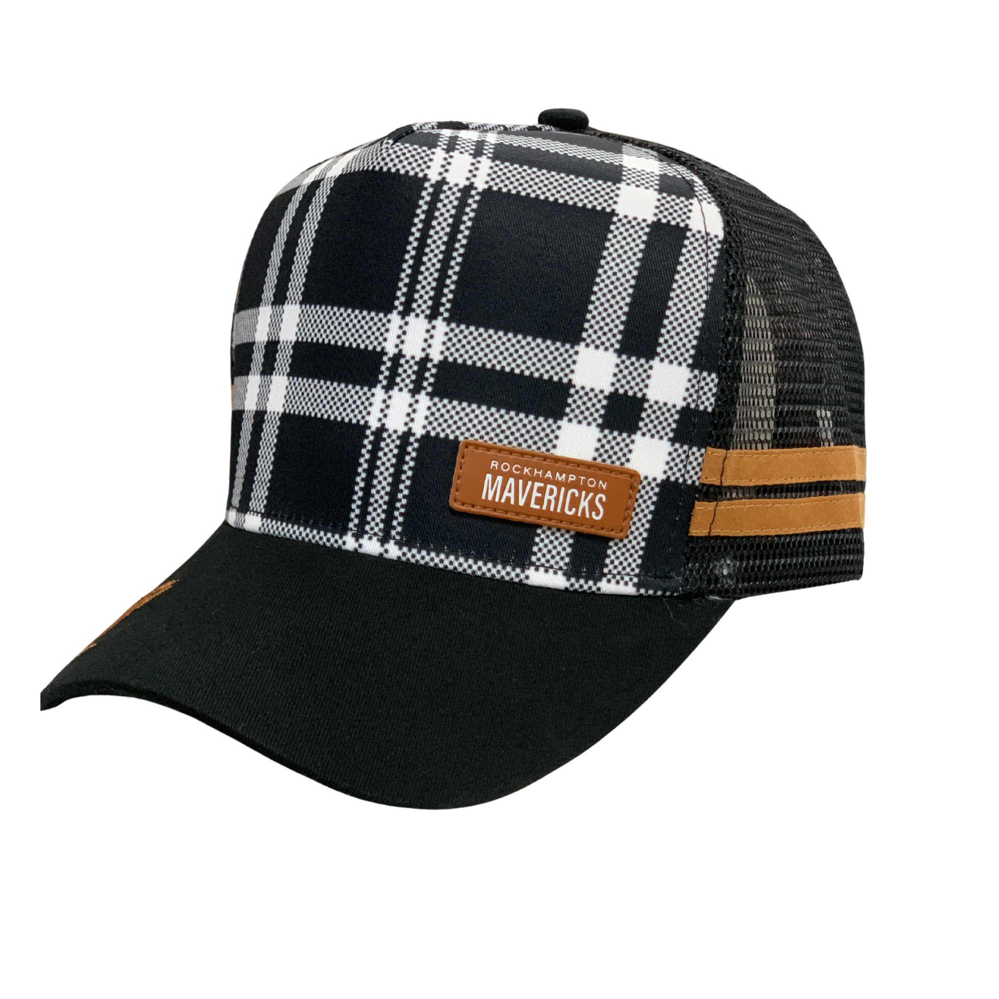 Plaid patterned cap with brown leather patch on a white background