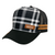 Plaid patterned cap with brown leather patch on a white background