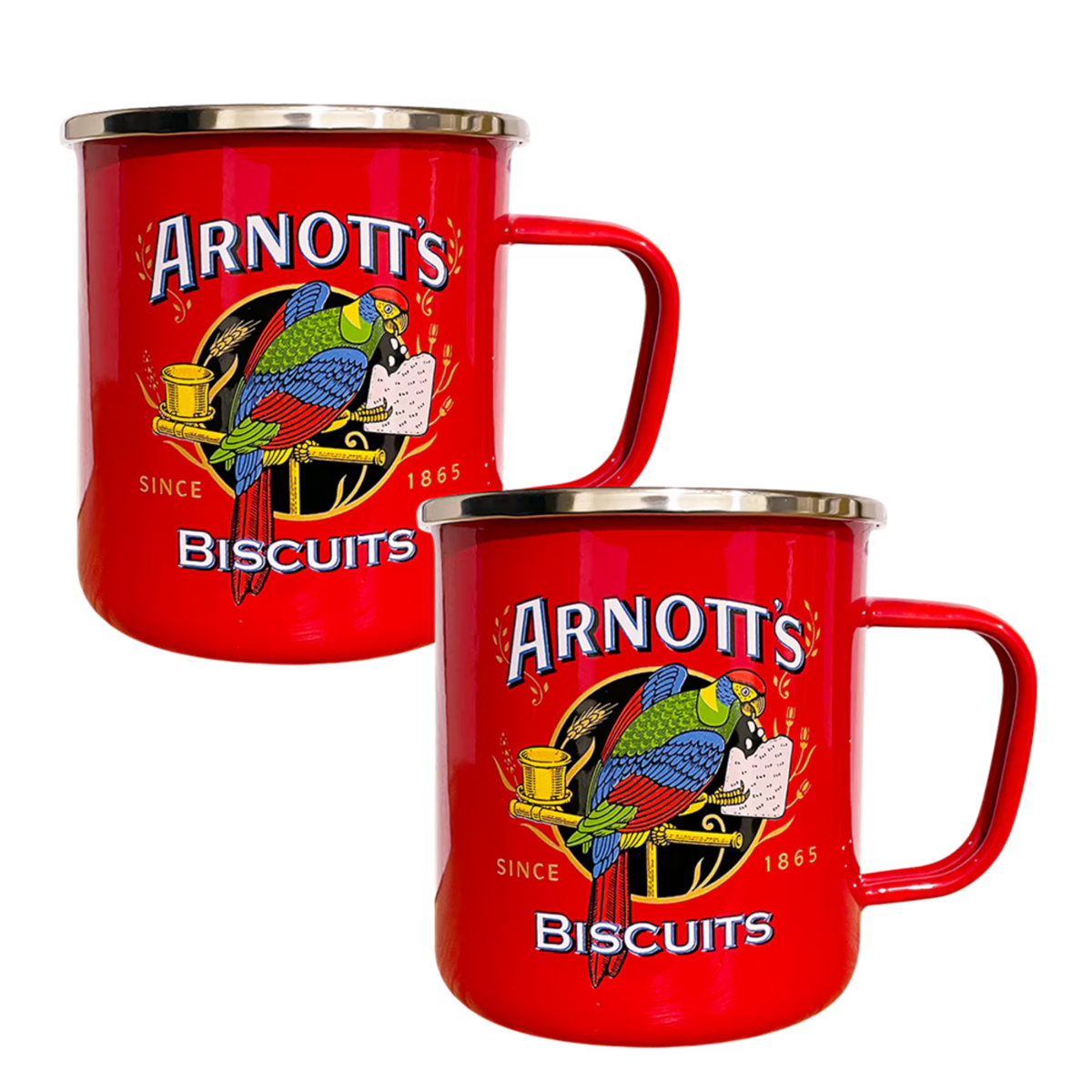 Two red enamel mugs with silver metal rims, featuring the 'Arnott's Biscuits' logo and a colorful parrot illustration, set against a plain white background.