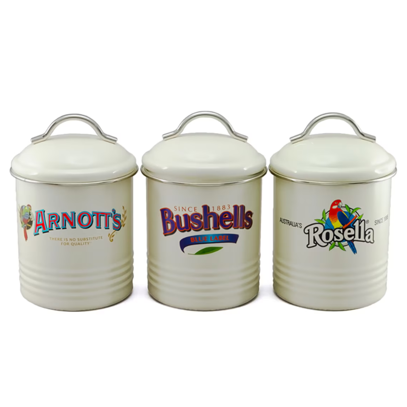 Three vintage-style cream-colored metal canisters with silver handles, featuring printed brand logos including Arnott's, Bushells, and Rosella, set against a plain white background.