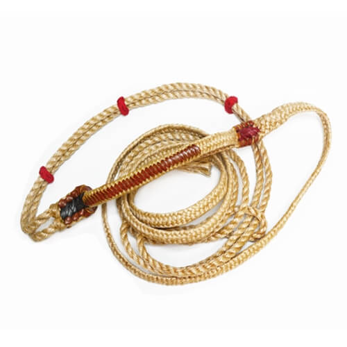 Barstow Standard 7 Bull Rope. A braided beige bull rope with a leather handle, featuring red sliding keepers and a hard tail.