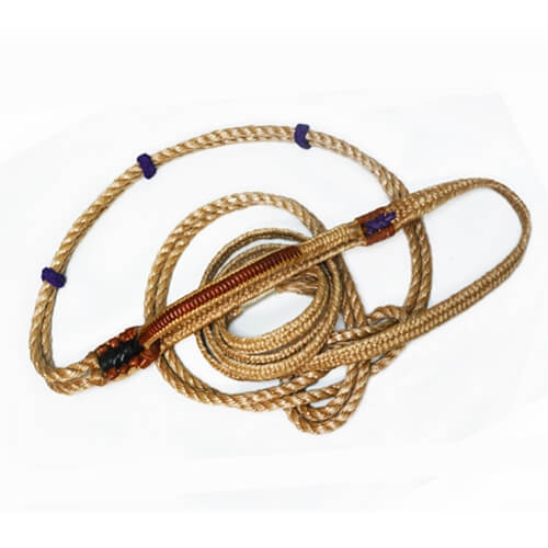 Barstow Standard 9 Bull Rope. A braided beige rope with a leather handle and blue sliding keepers.