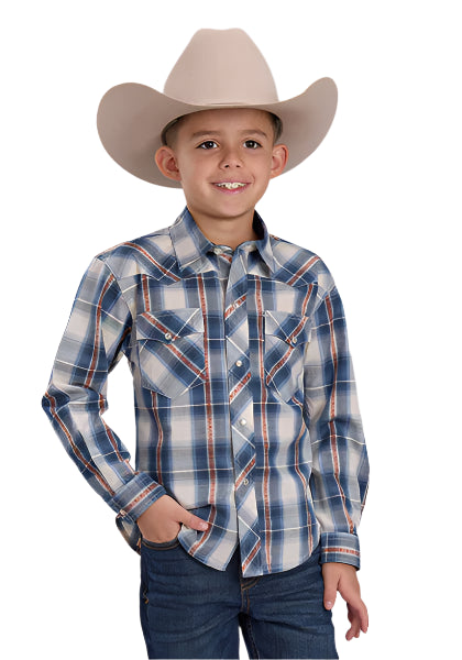 Roper Boy's Western Made L/S Western Shirt. Child wearing a plaid shirt and cowboy hat on a white background