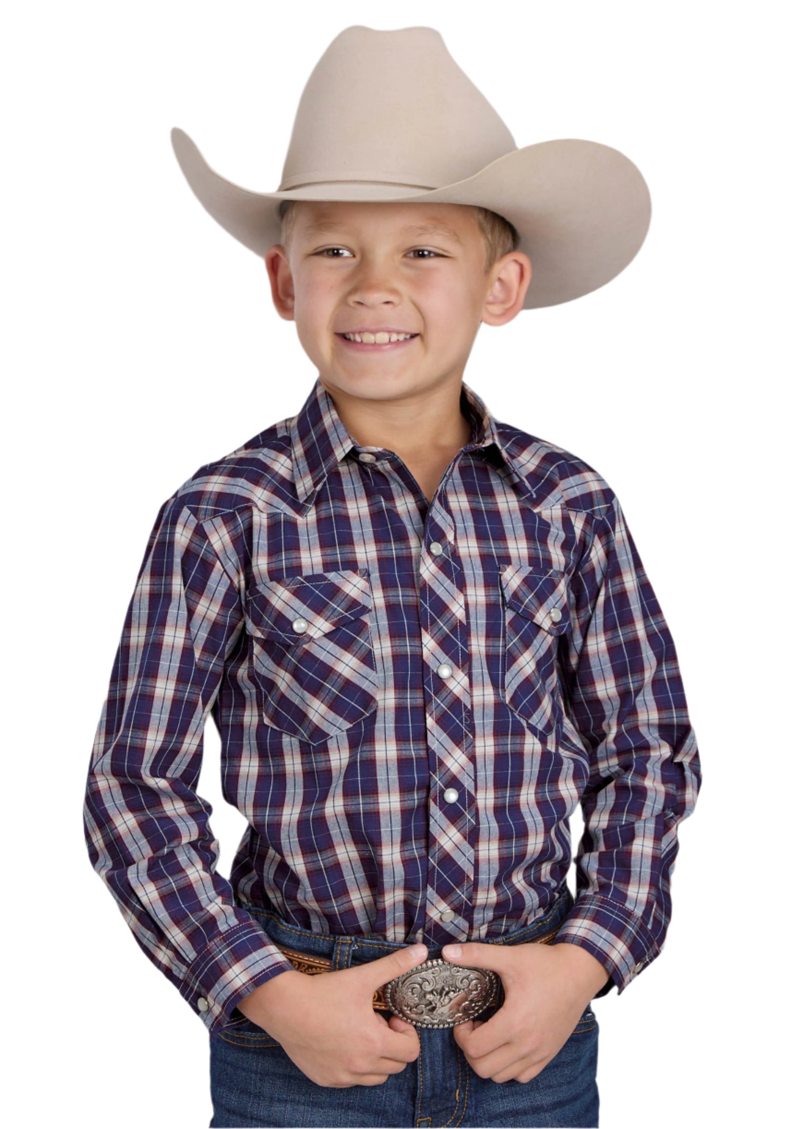 Roper Boy's Karman Classic LS Western Shirt. A boy wearing a long sleeve plaid western shirt and a cowboy hat