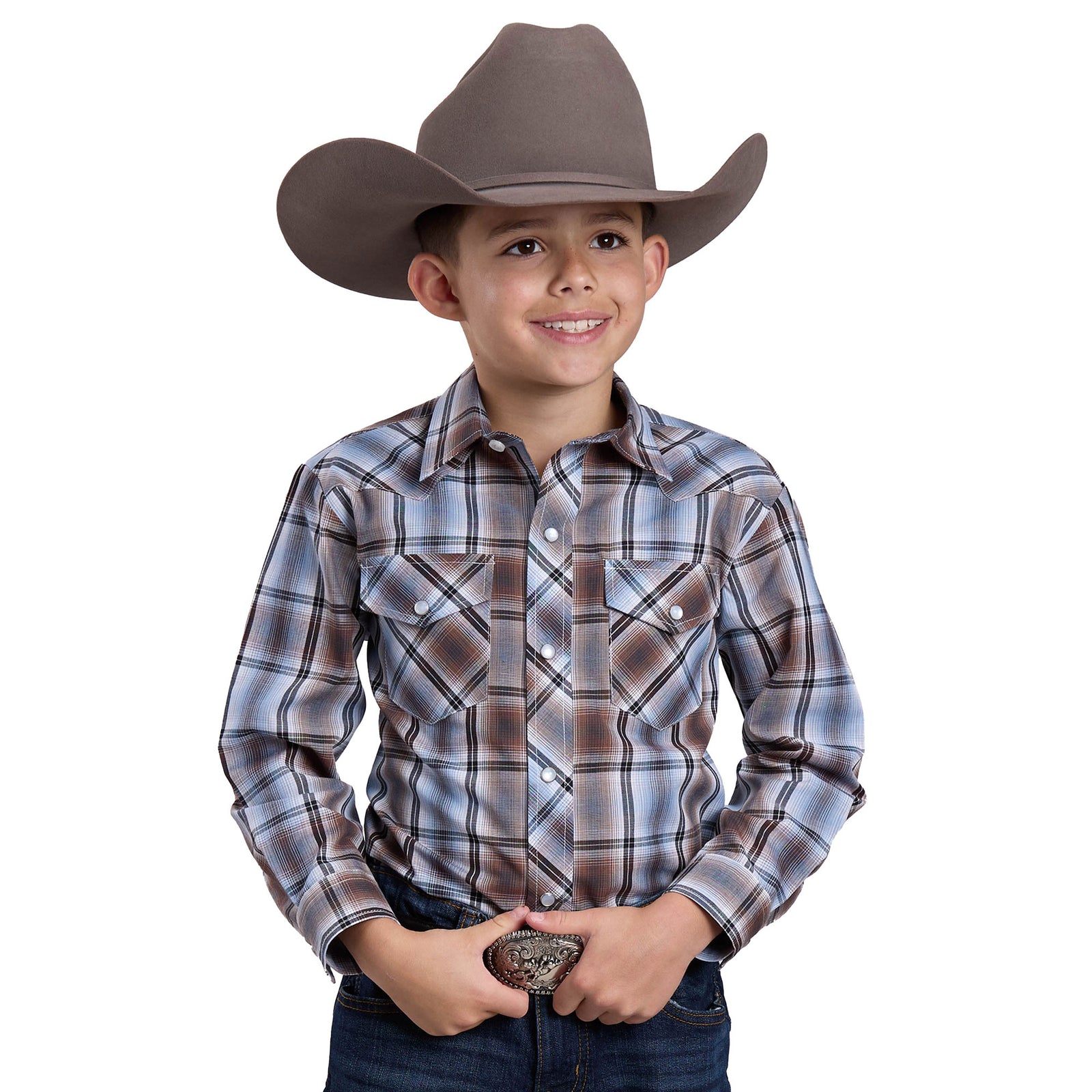 Child wearing a plaid shirt and cowboy hat on a white background