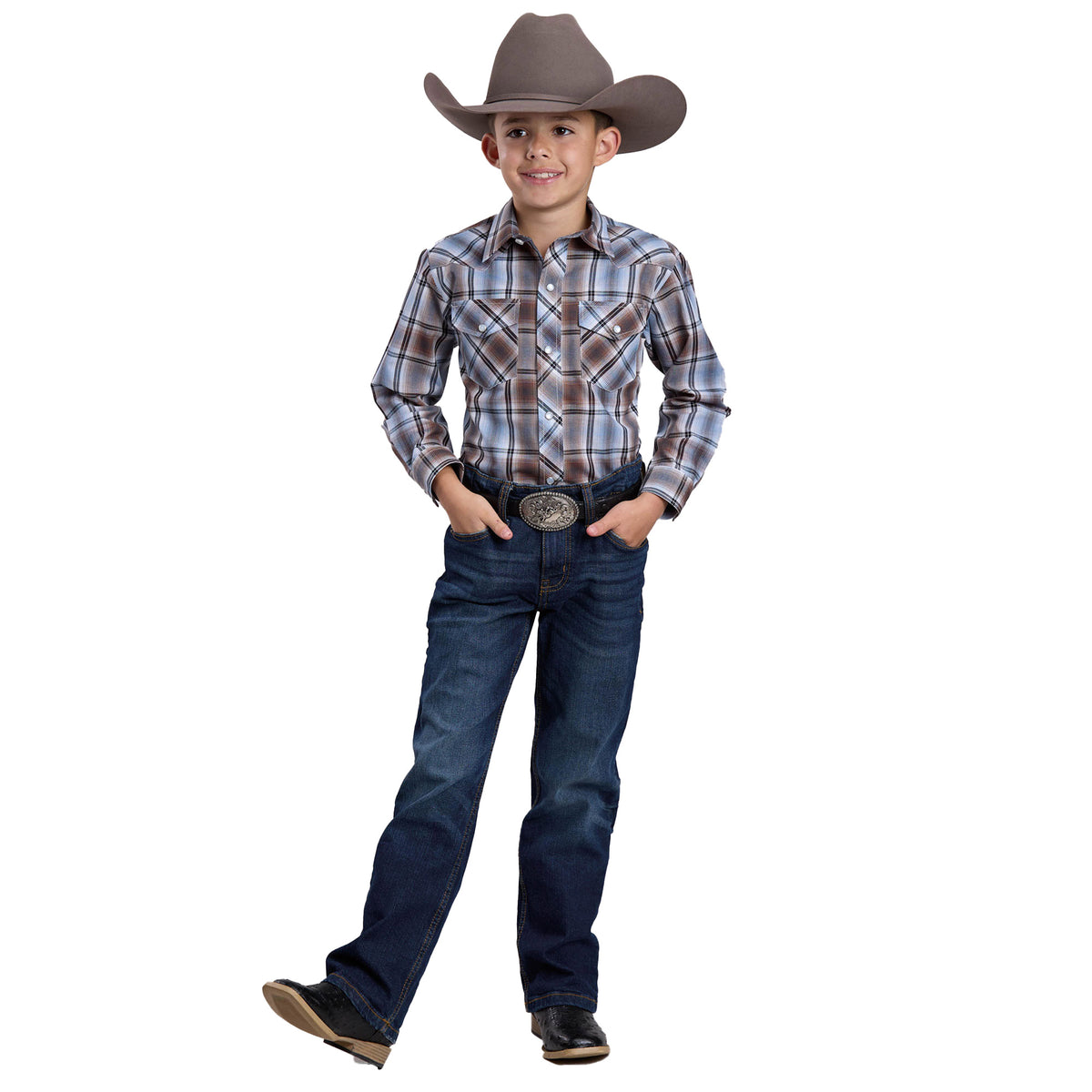 Child wearing a plaid shirt, jeans, and cowboy hat on a white background