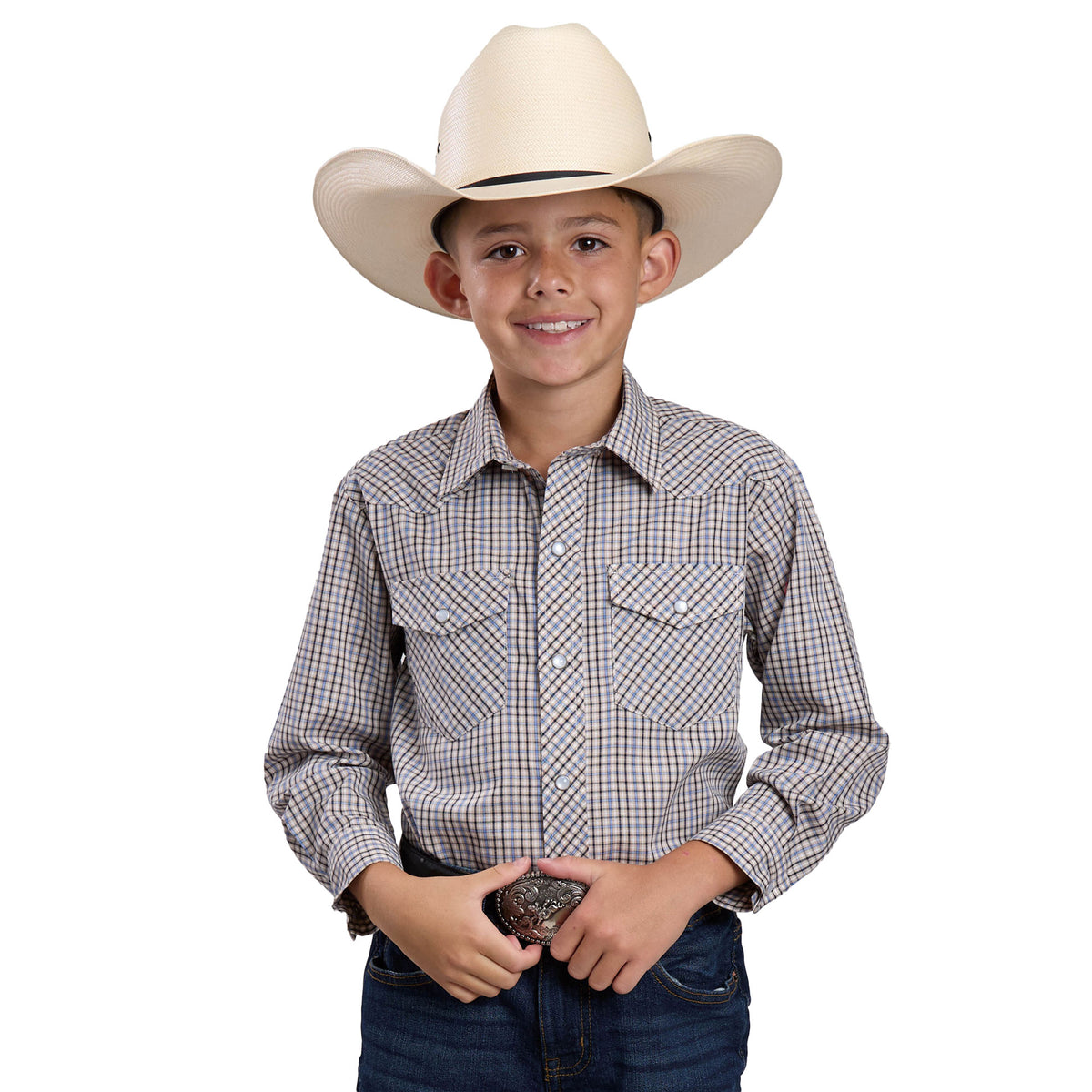 Child wearing a cowboy hat and plaid shirt on a white background