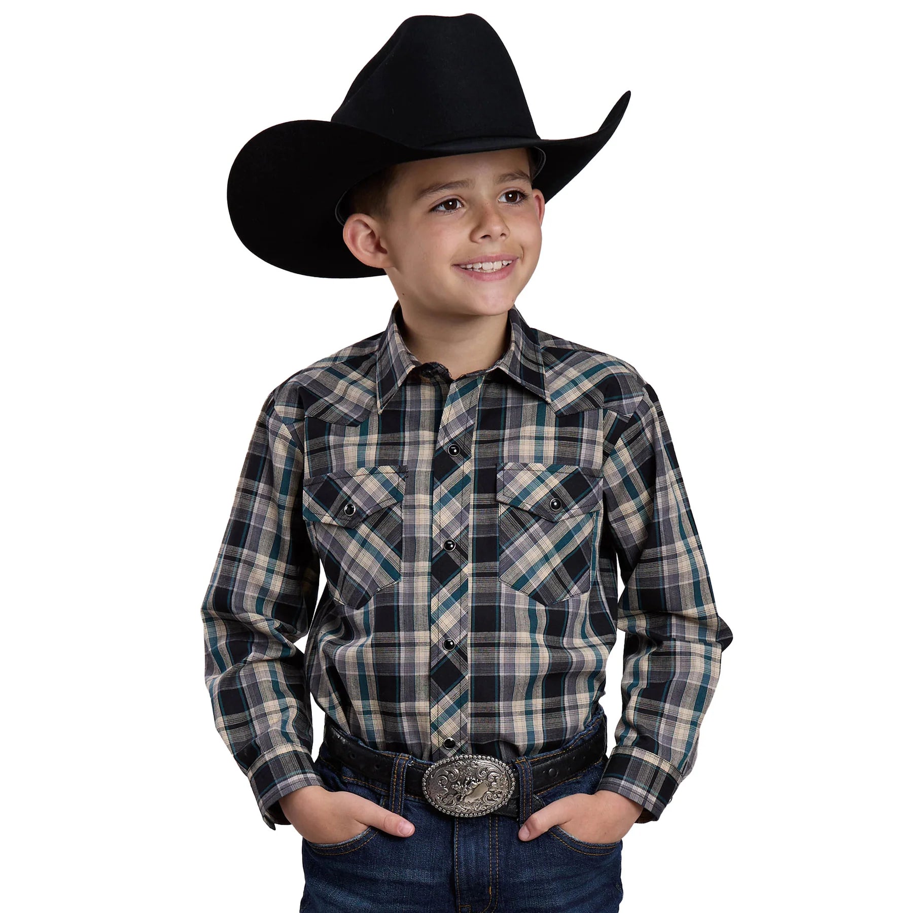 Roper Boy's Karman Classic L/S Western Shirt. Child wearing a plaid shirt and cowboy hat on a white background