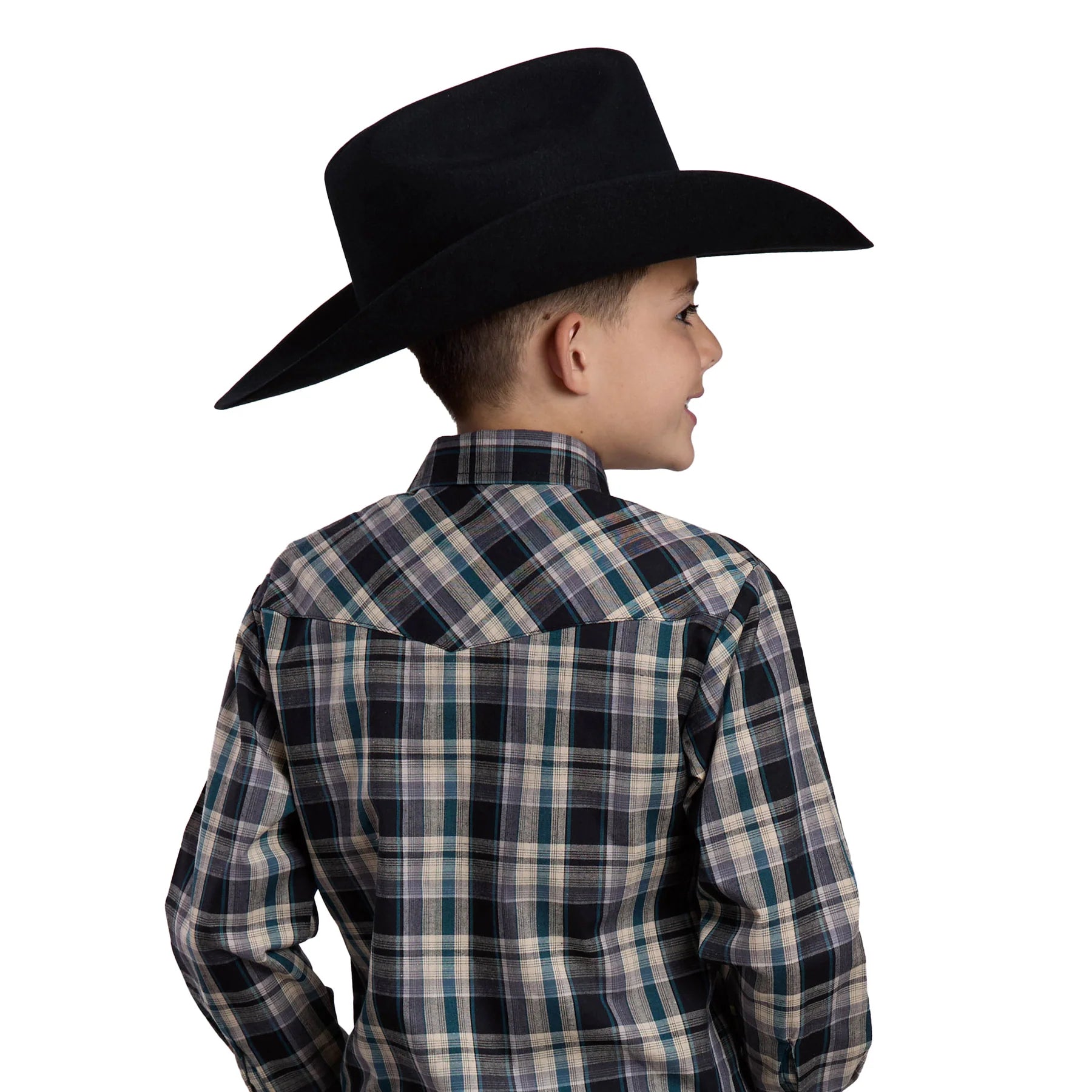 Roper Boy's Karman Classic L/S Western Shirt. Child wearing a plaid shirt and cowboy hat on a white background
