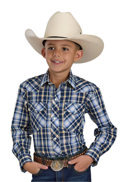 Roper Boy's Karman Classic L/S Western Shirt. Child wearing a blue plaid shirt, brown belt, and cowboy hat on a white background