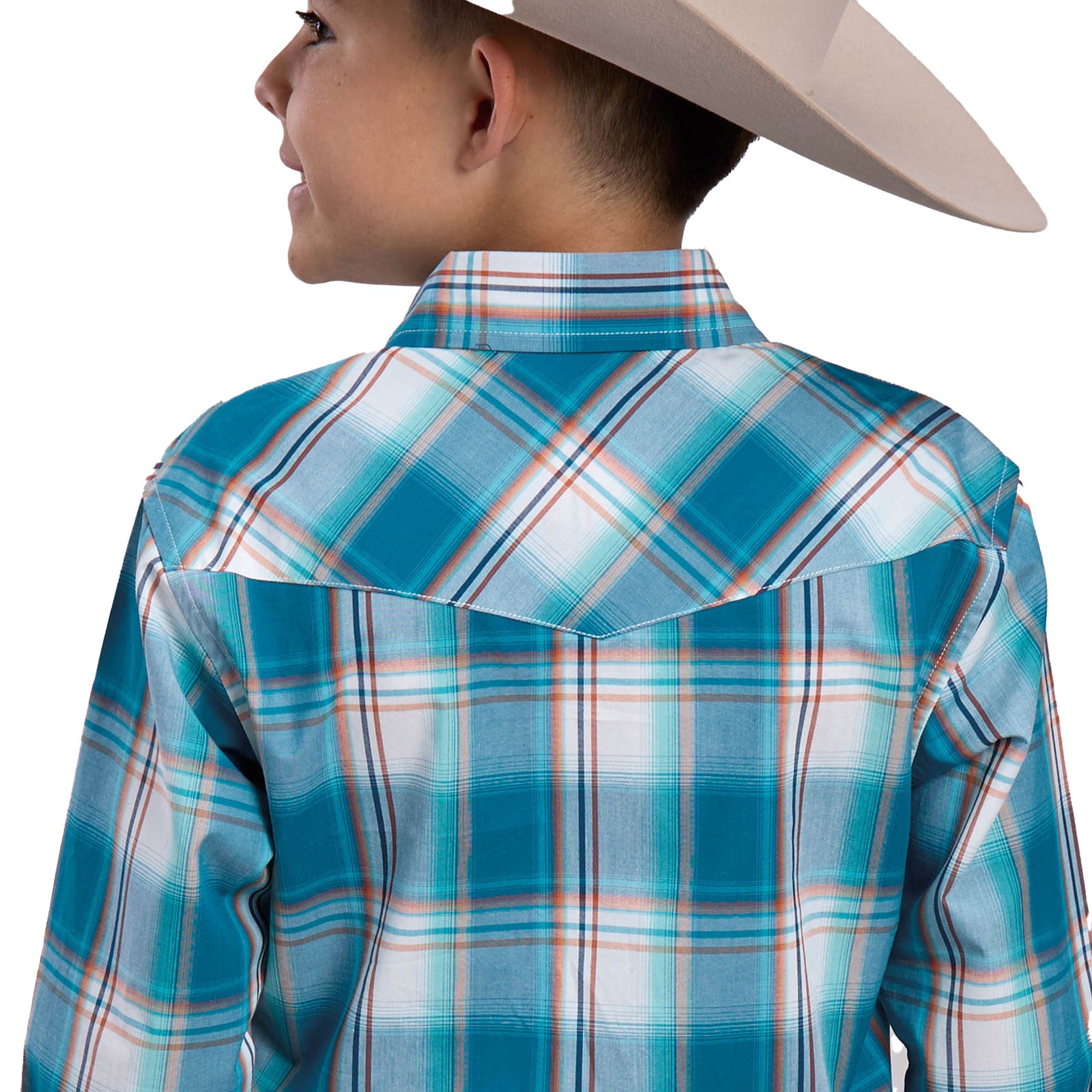 Child wearing a blue plaid shirt, beige cowboy hat, and jeans on a white background