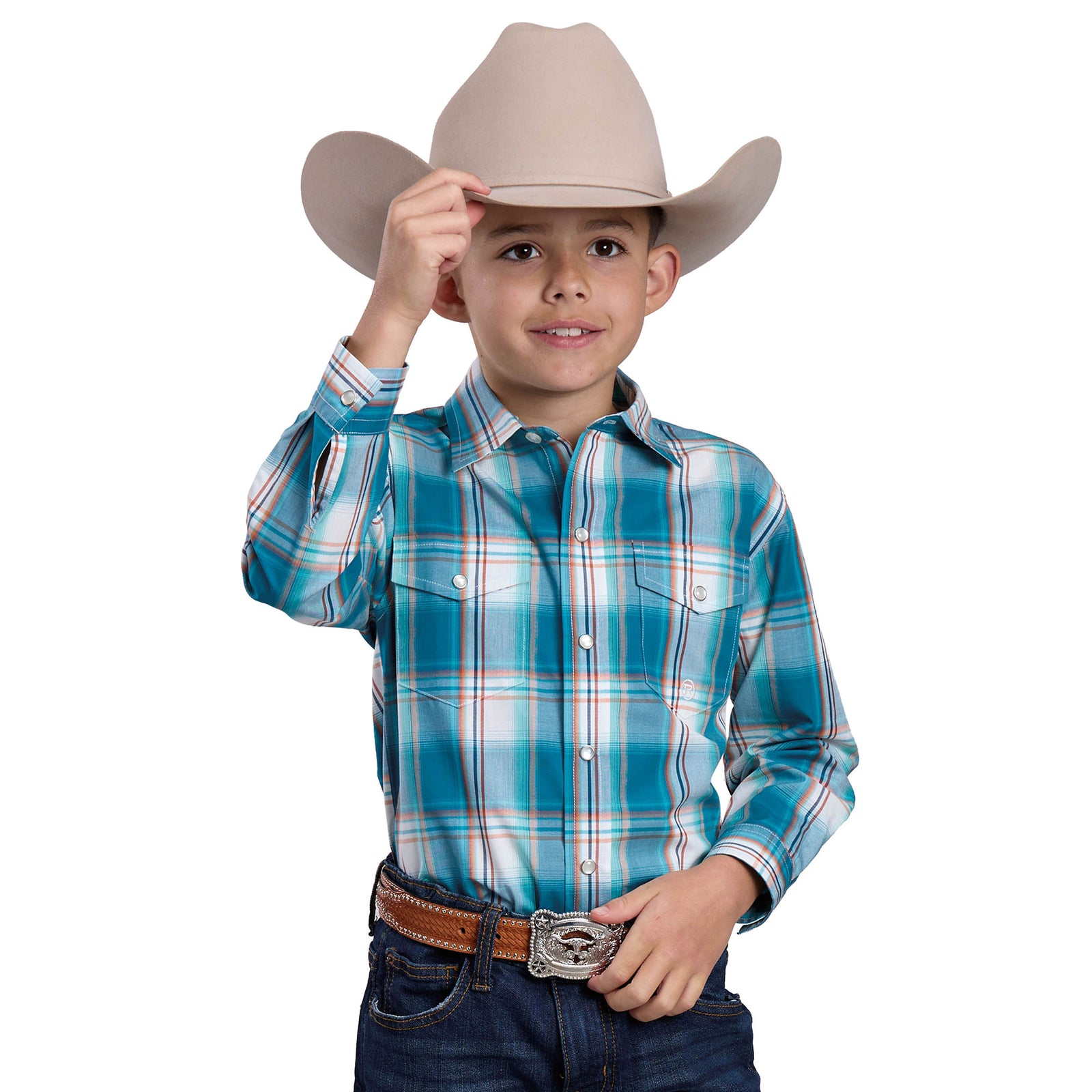 Child wearing a blue plaid shirt, beige cowboy hat, and jeans on a white background