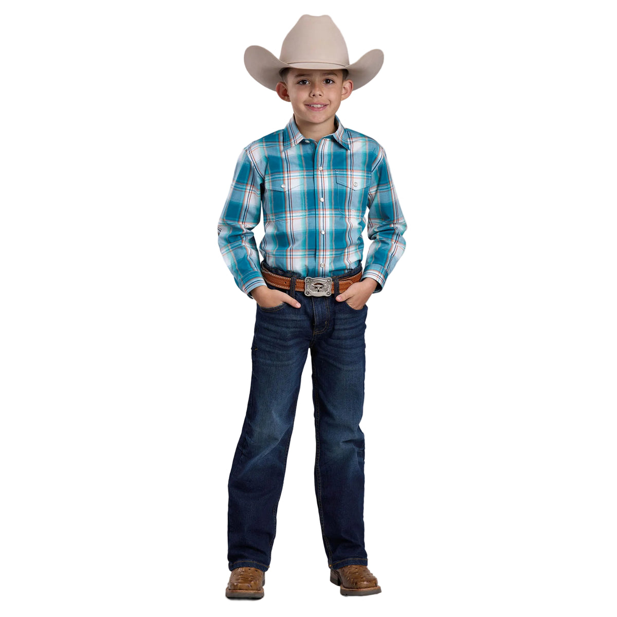 Child wearing a blue plaid shirt, jeans, and cowboy hat on a gray background