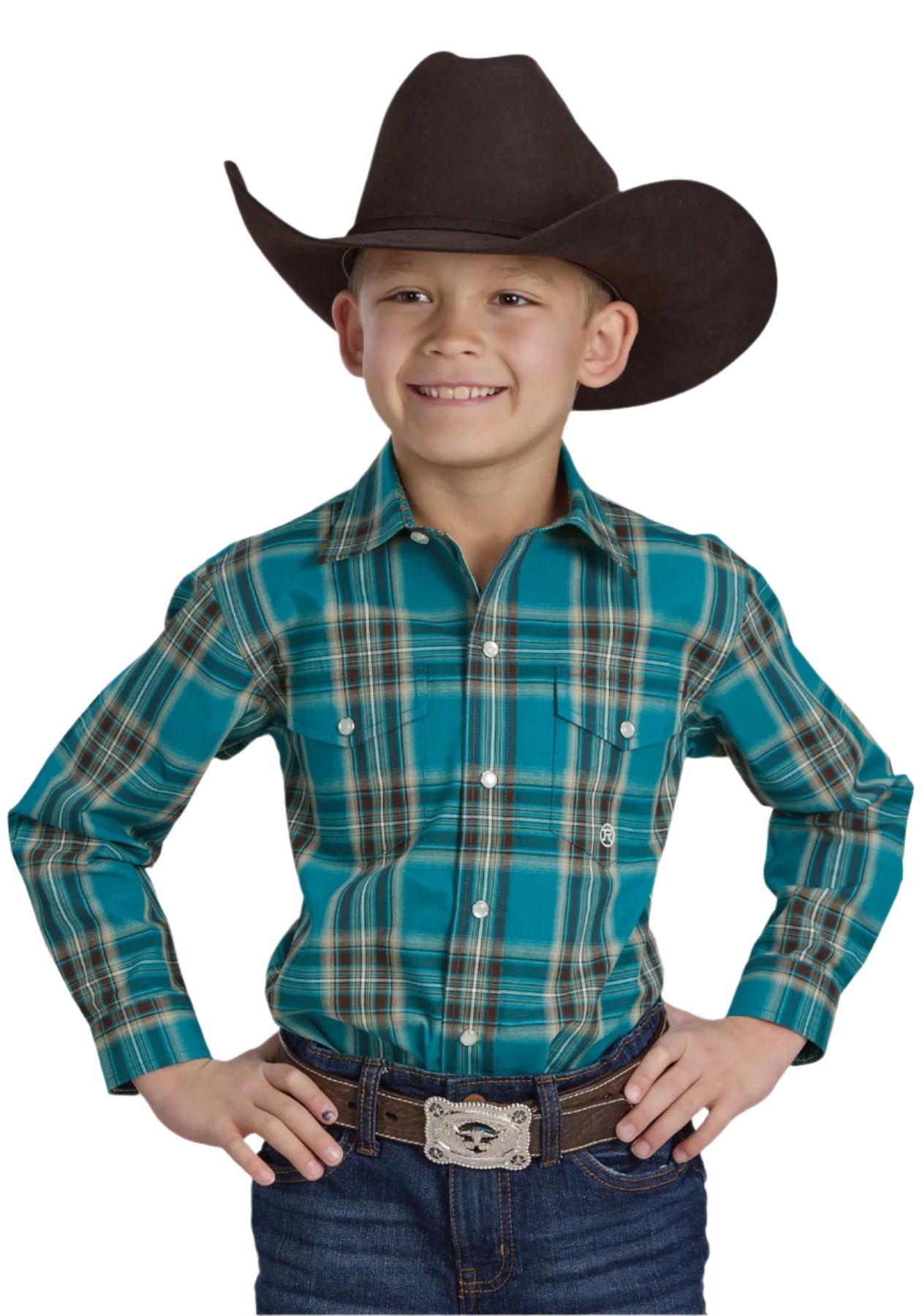 Roper Boy's Amarillo Collection L/S Shirt. A boy wearing a long-sleeved, plaid western-inspired shirt in shades of teal and beige, with a pointy yoke and two front pockets with flaps.