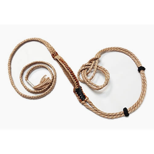 Barstow Calf Riding Rope. A beige calf riding rope with a loop end, handle, and tail, laid out on a white background.