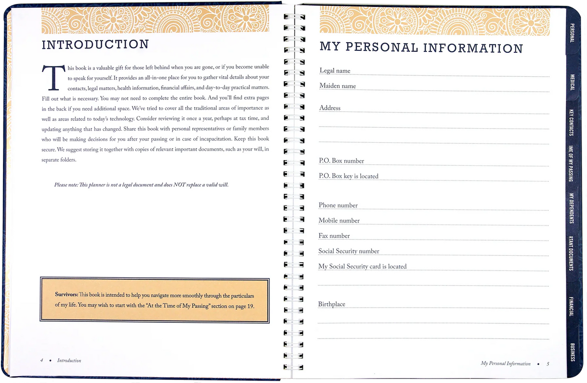 I'm Dead Now What! Organiser. Personal information form with decorative cover and spine