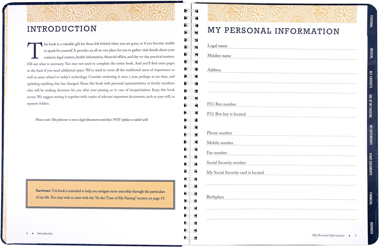 I'm Dead Now What! Organiser. Personal information form with decorative cover and spine
