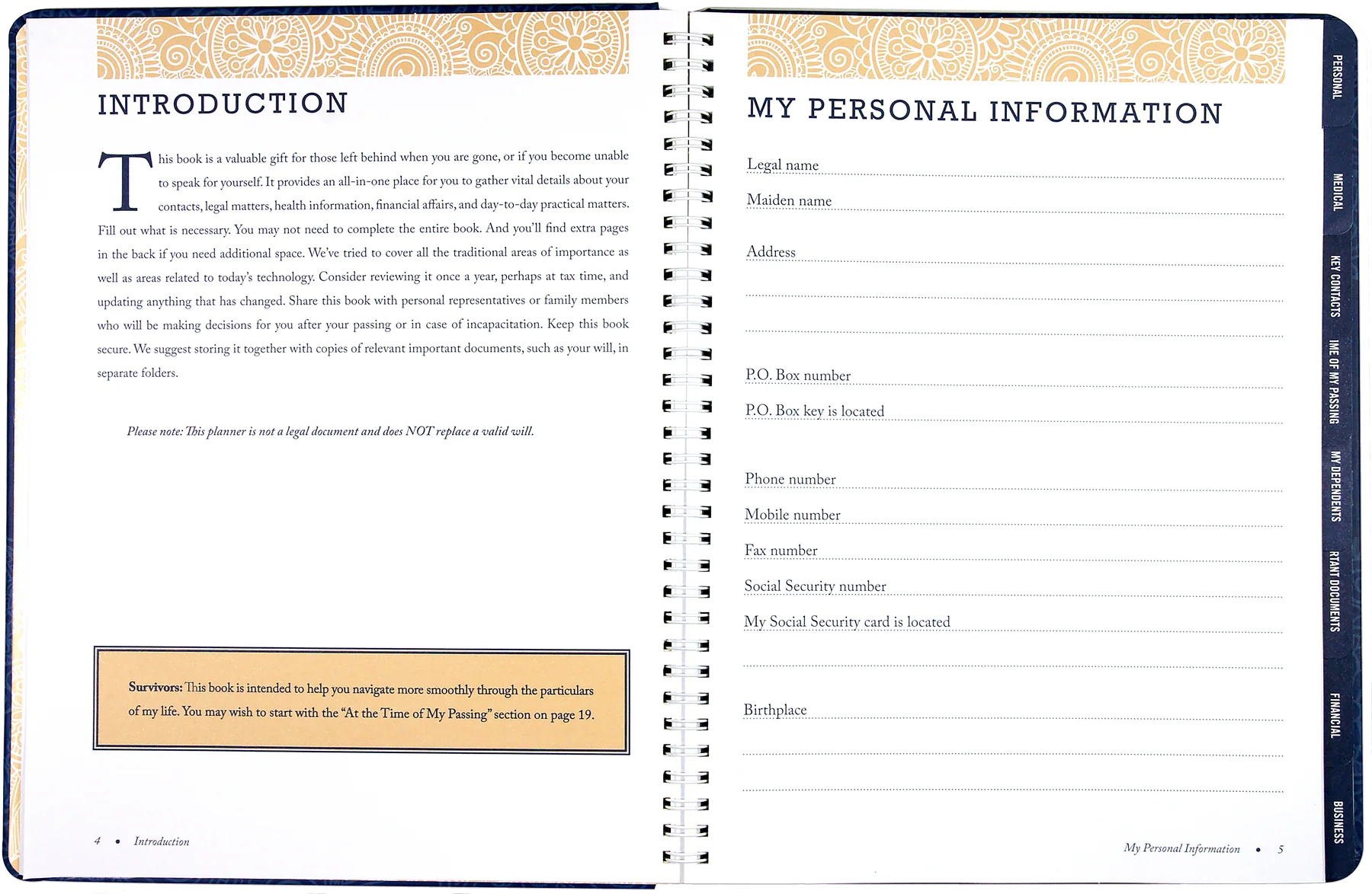 I'm Dead Now What! Organiser. Personal information form with decorative cover and spine