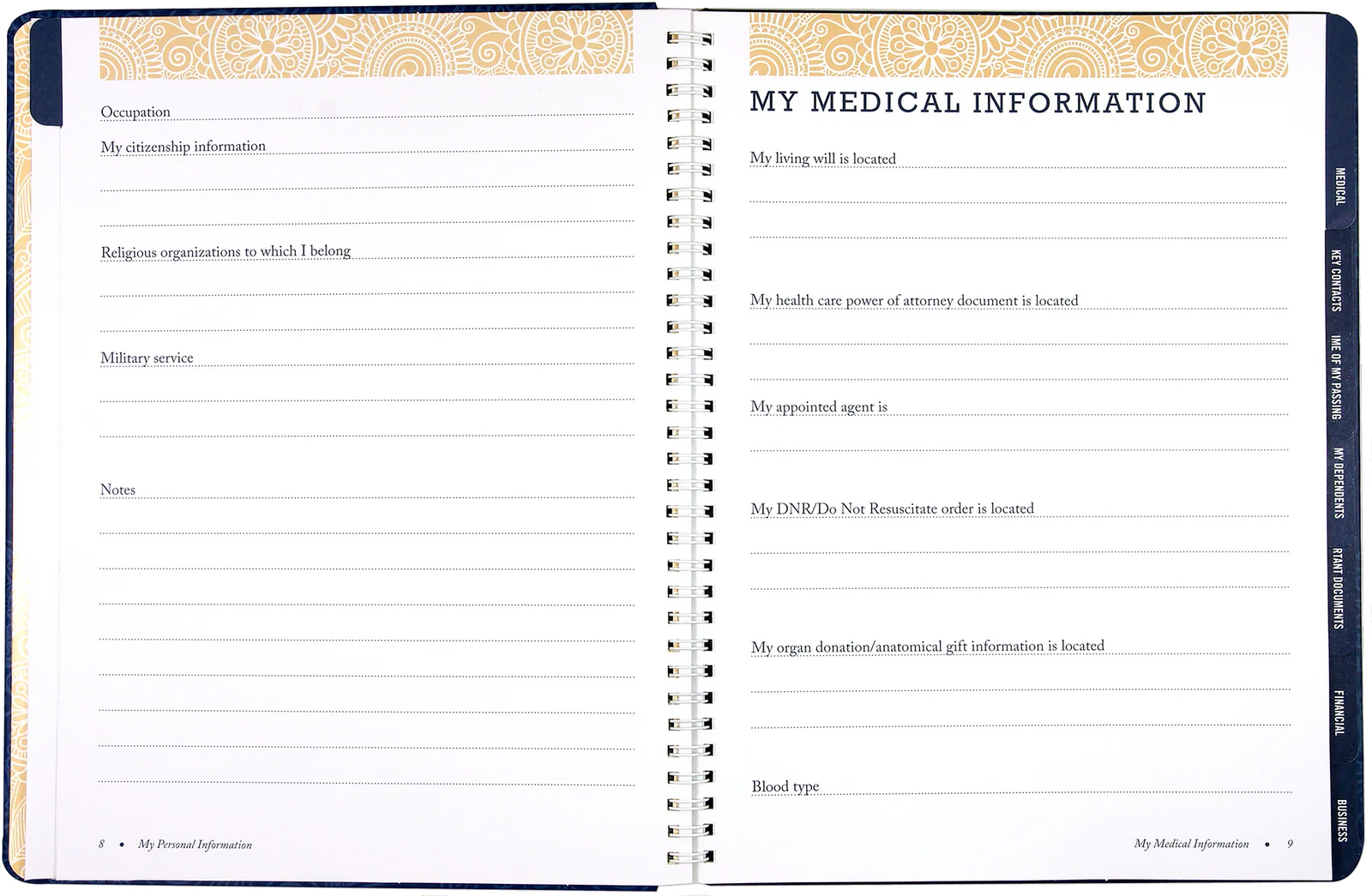 I'm Dead Now What! Organiser. Medical information form with gold and black design