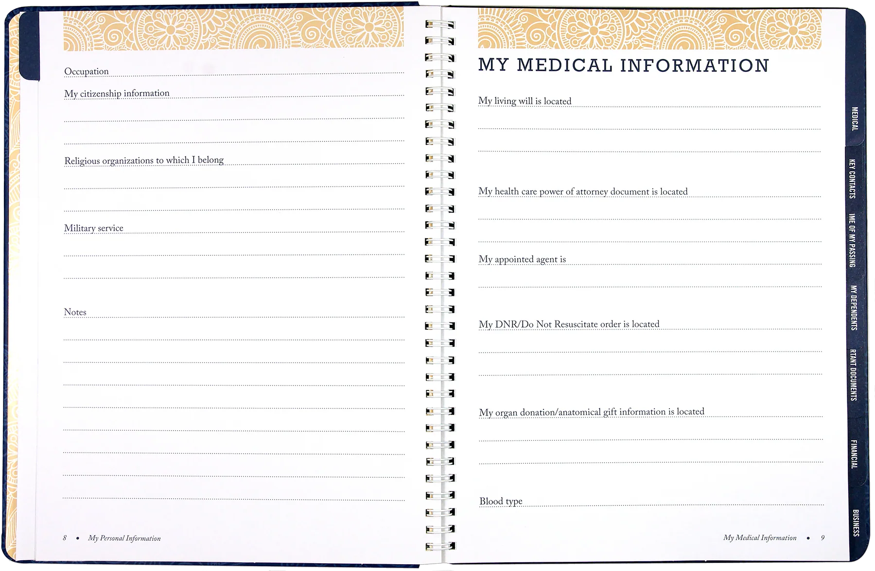 I'm Dead Now What! Organiser. Medical information form with gold and black design