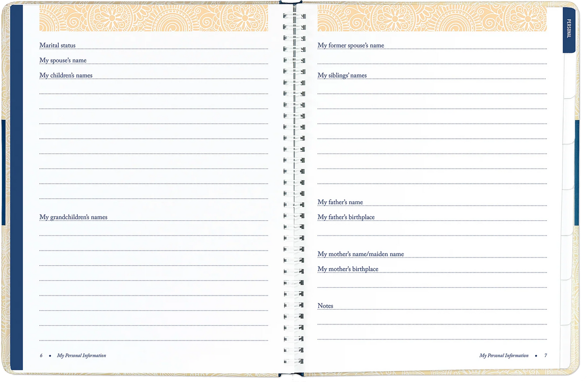 I'm Dead Now What! Organiser. Two pages from a planner or journal with personal information fields.