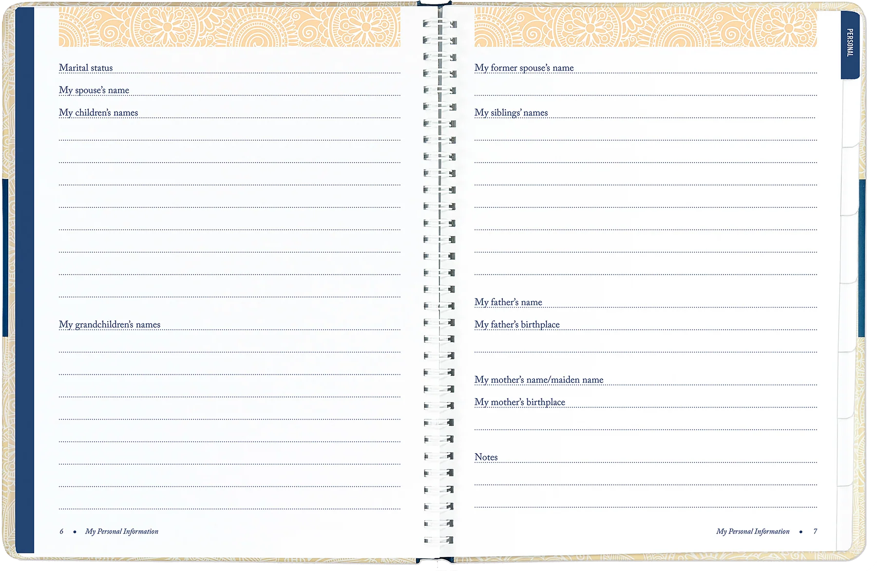 I'm Dead Now What! Organiser. Two pages from a planner or journal with personal information fields.