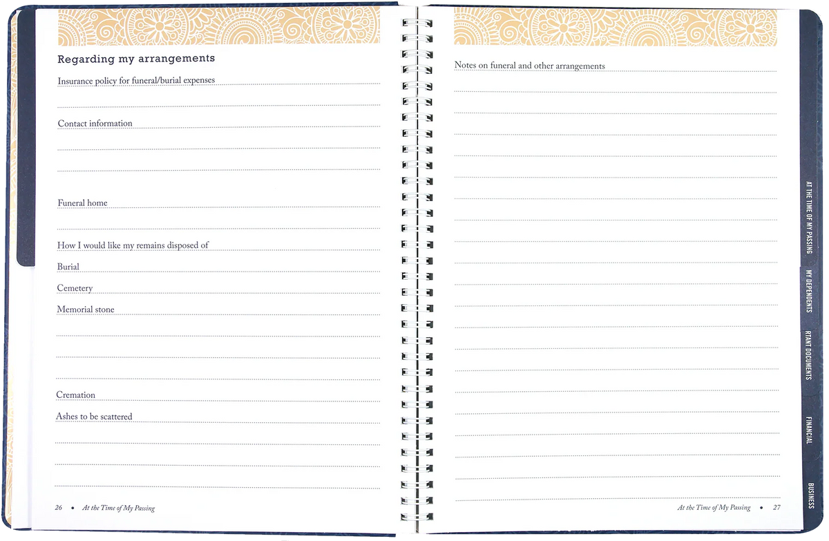 I'm Dead Now What! Organiser. Open notebook with pages on funeral arrangements and memorial information.