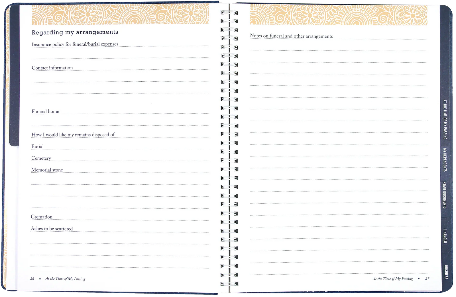 I'm Dead Now What! Organiser. Open notebook with pages on funeral arrangements and memorial information.